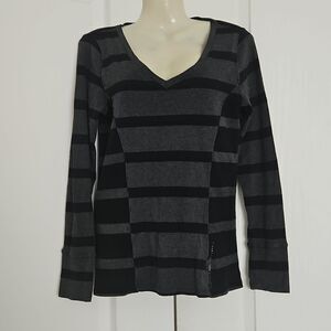 Calvin Klein Stripped Long Sleeves Cotton T-Shirt Medium Black/ Gray